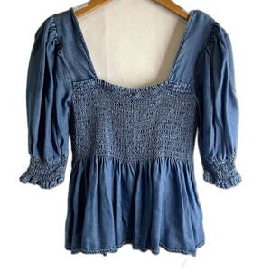 K/Lab Smocked Bodice Tencel‎ Denim Blouse Size Small